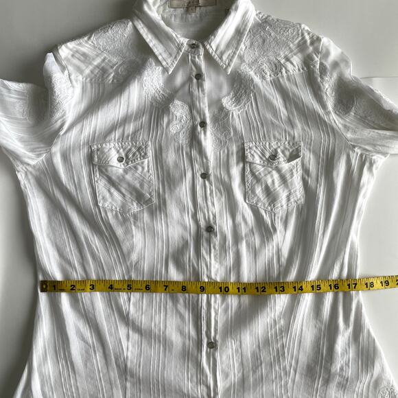 Y2K Guess White Mesh Embroidery Snap Button Women's Shirt Size L - Picture 16 of 16